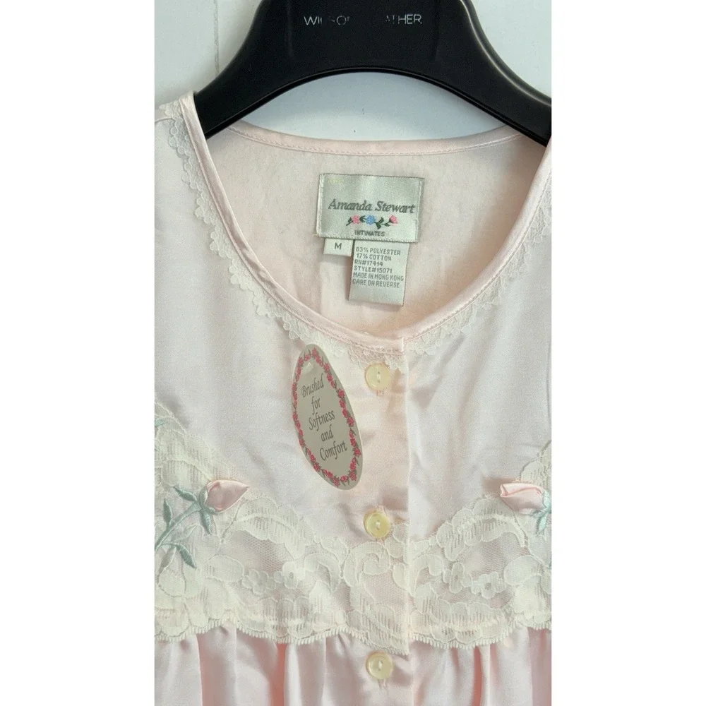 NEW Amanda Stewart Womens M Brushed Satin Pajama Set Floral Embroidery Lace Pink